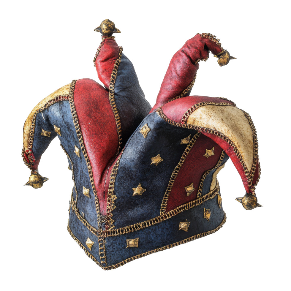 Colorful medieval jester hat with distinctive points, ideal for reenactments or festive occasions, medieval jester hat isolated on transparent background png