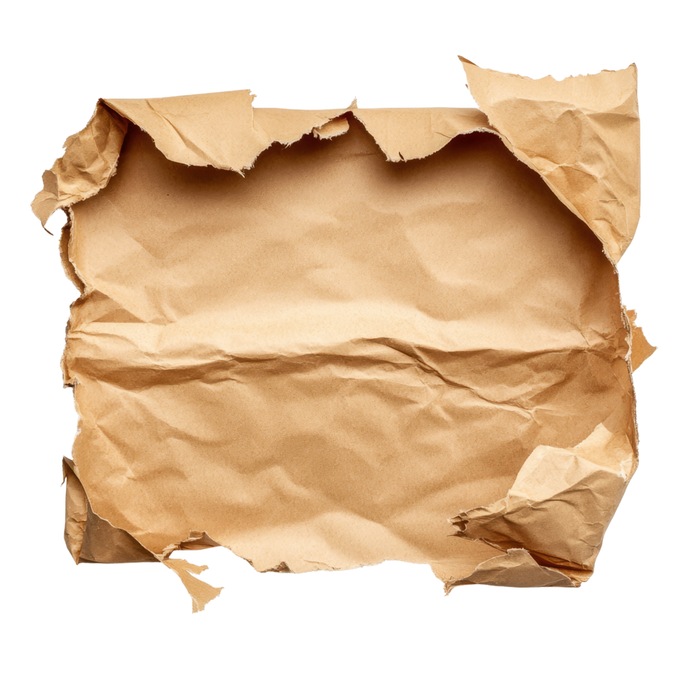 Torn open brown packing paper on a transparent background, revealing textured edges and crumpled surface details, torn open brown packing paper isolated on transparent background png