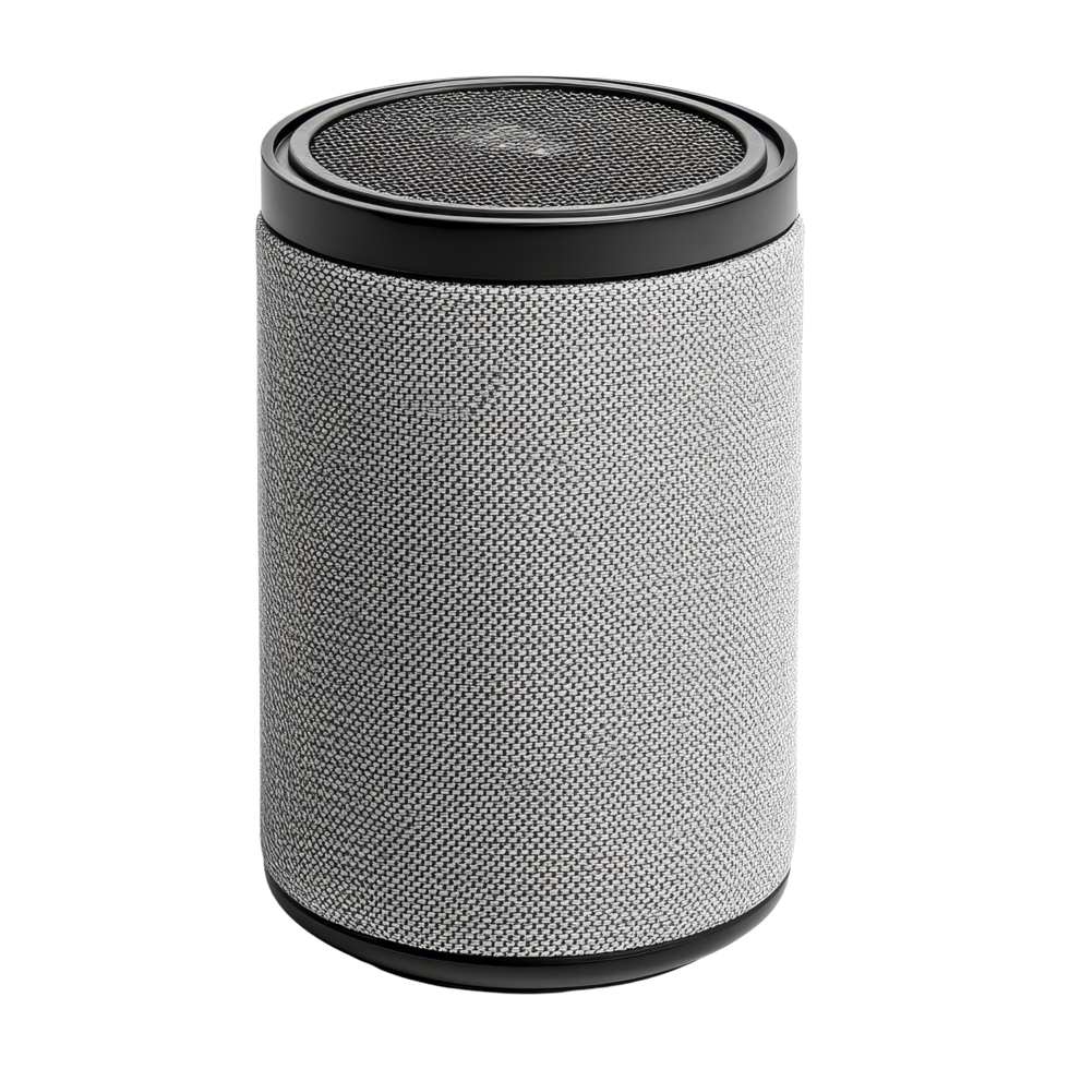 Compact grey wireless portable speaker designed for versatile sound enjoyment at home or on the go, grey wireless portable speaker, file of isolated object with shadow on transparent background png
