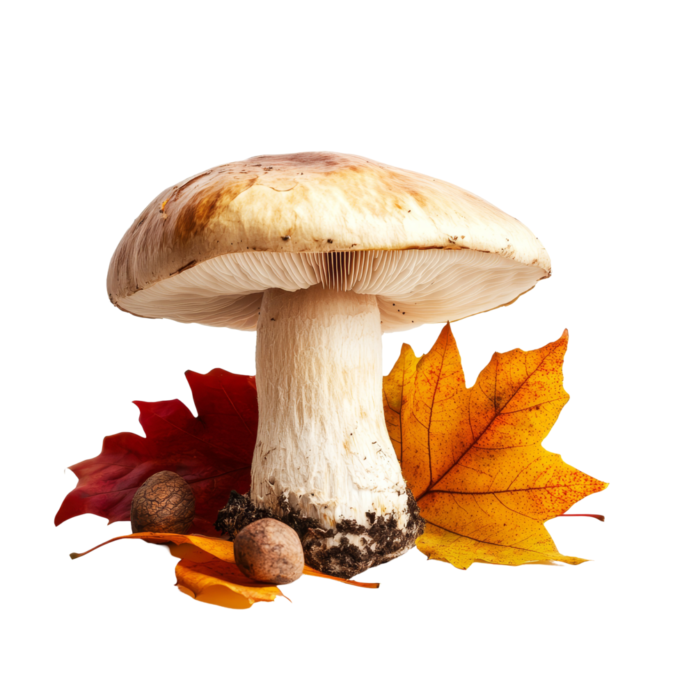 A beautiful mushroom surrounded by colorful autumn leaves on a bright transparent background, mushroom with autumn leaves transparent background png