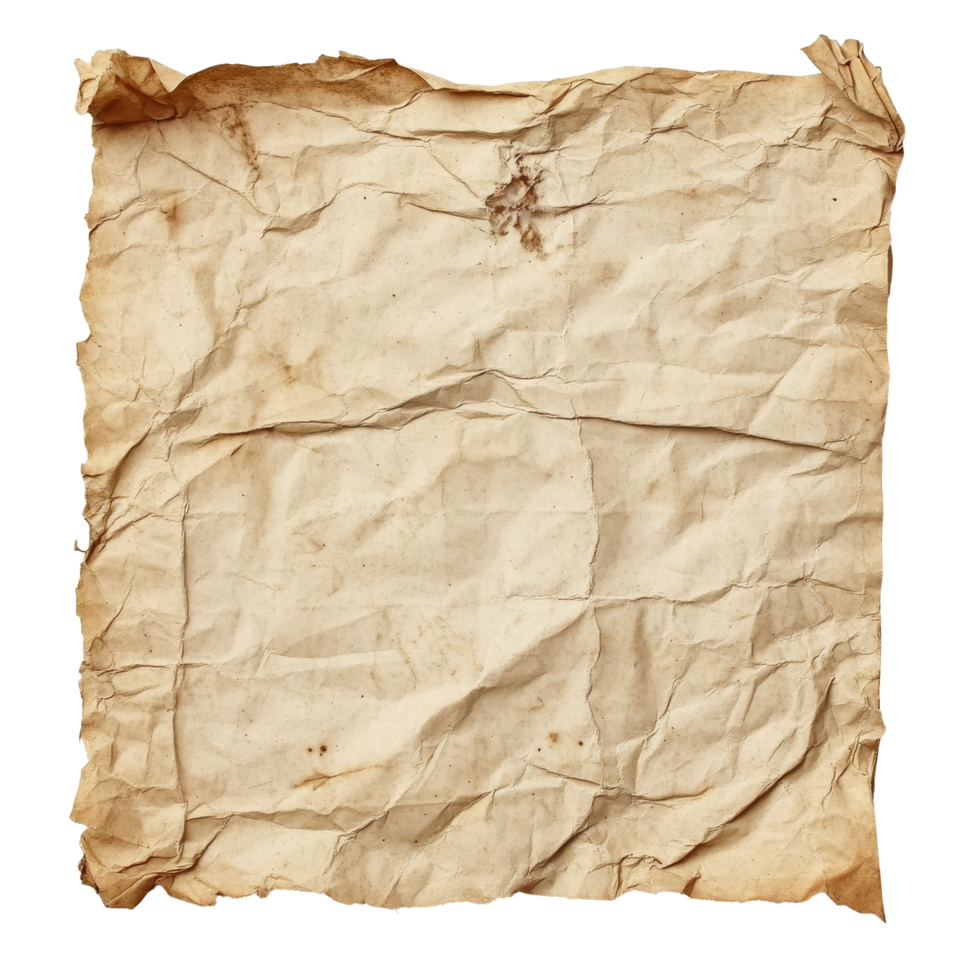 Old crumpled paper isolated on a transparent background for artistic or educational use, old paper isolated on transparent png