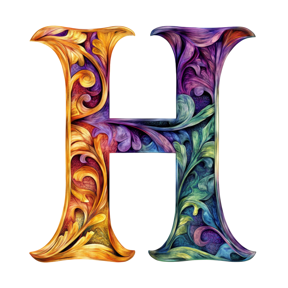 Artistic representation of the letter H adorned with colorful floral designs on a transparent transparent background, showcasing, consonant letter b is used to make words on transparent backgroundfile png