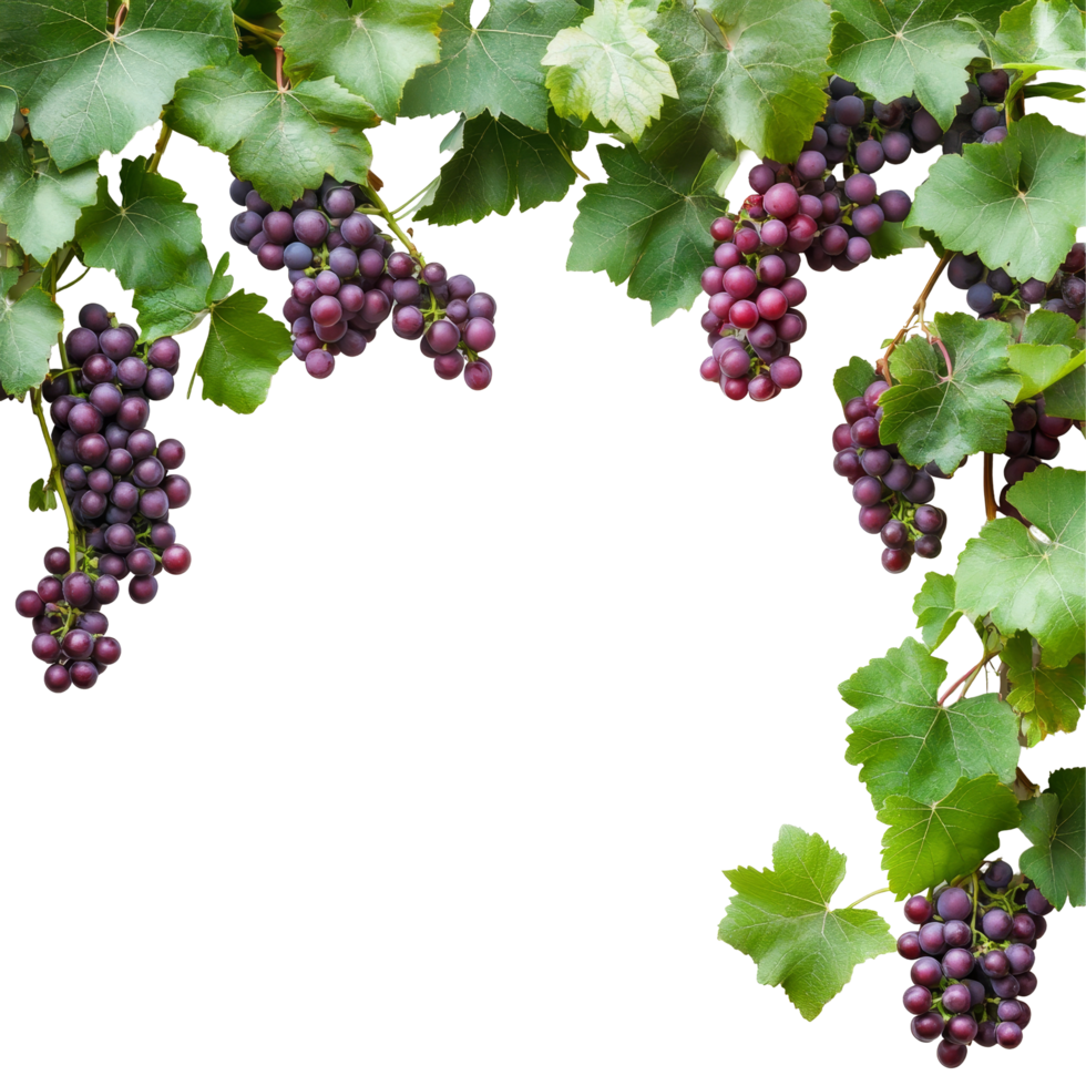 A lush grapevine with clusters of purple and green grapes on branches surrounded by vibrant leaves, grapes branch and leaves hanging top with copy space transparent background png