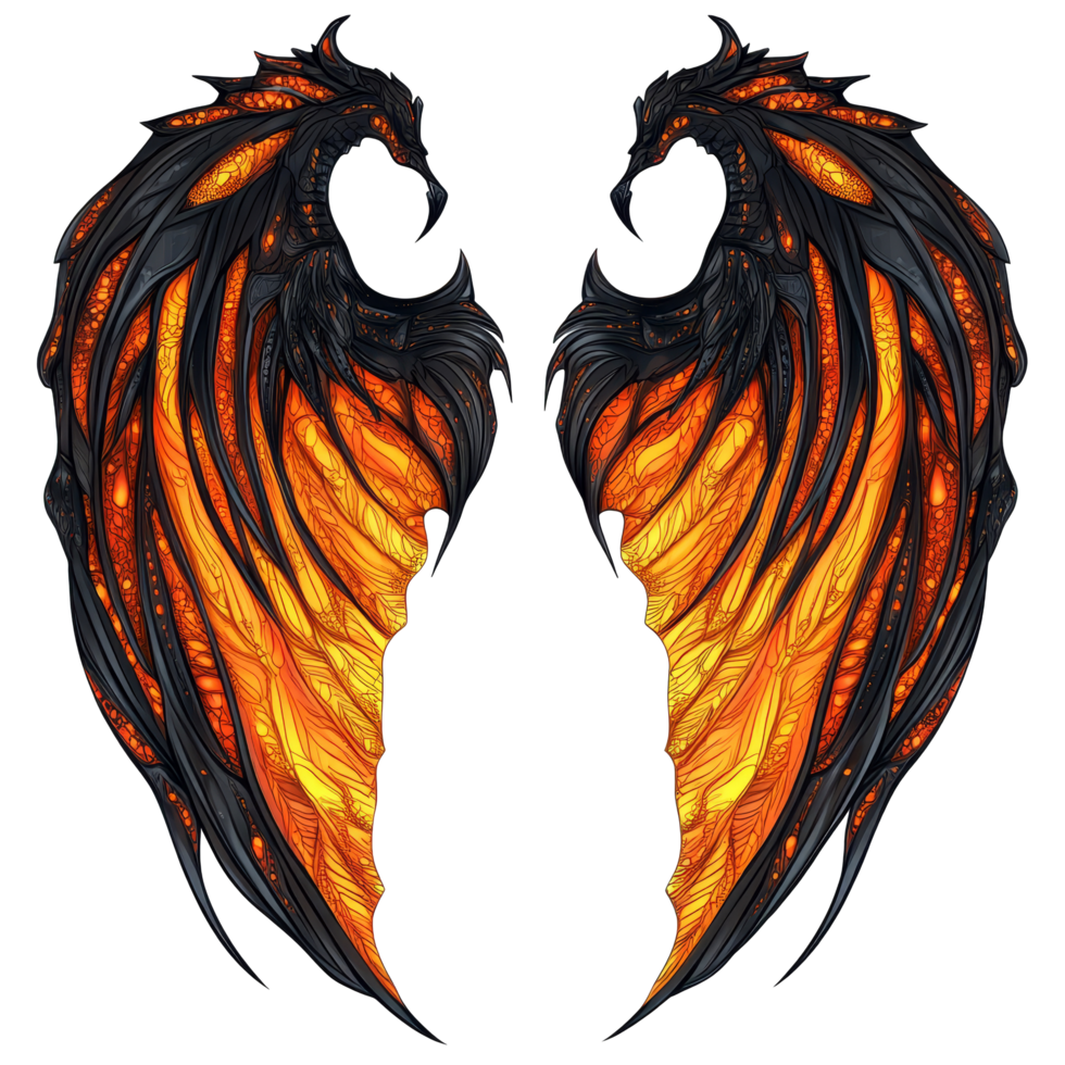 Demon wings in striking black and orange display unique patterns against a clean transparent backdrop, Black and Orange Demon Wings Isolated on transparent background png