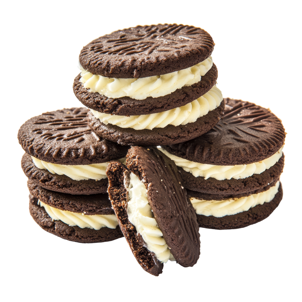 Delicious sandwich cookies filled with creamy filling stacked on a transparent background for a tempting treat, Sandwich cookies with cream on transparent background png