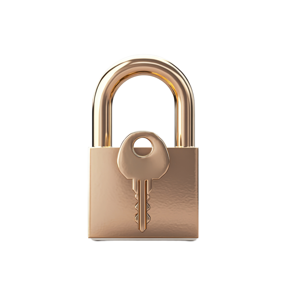 A golden lock with key isolated on a simple background for security and protection concepts, Lock with key isolated 3d Rendering png