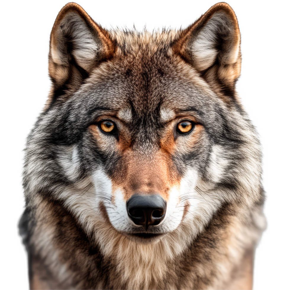 Detailed wolf face shot featuring striking eyes against a transparent background during daylight hours, wolf, face shot isolated on transparent background, beautiful, png