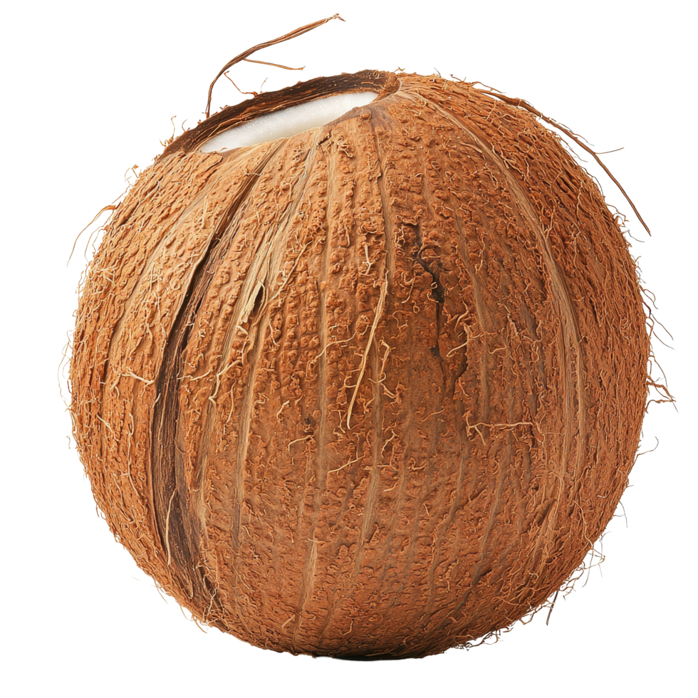 Coconut showcasing its distinctive brown outer shell on a pure transparent background with lighting, Coconut on transparent background png