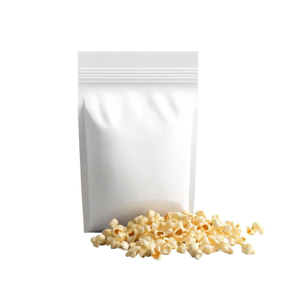 Blank snack packaging with scattered popcorn kernels isolated on a transparent background for a clean, modern presentation, Cut open blank snack packaging isolated png
