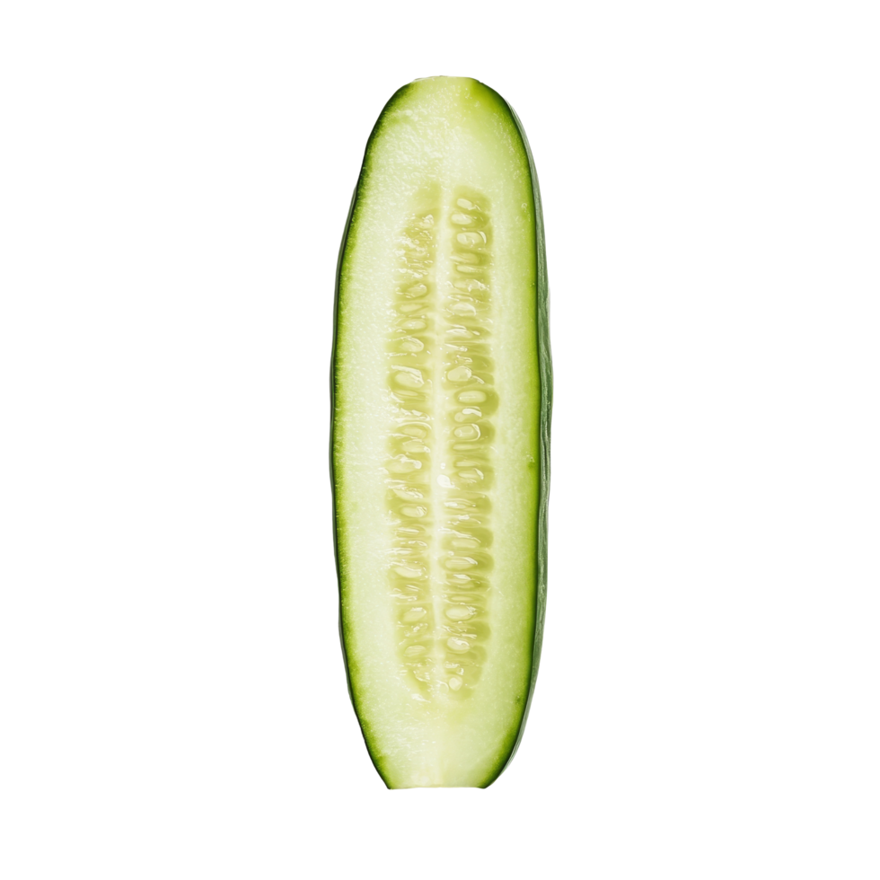 Freshly sliced striped cucumber resting on a clean transparent background, showcasing its vibrant interior and texture, slice striped cucumber on transparent background png
