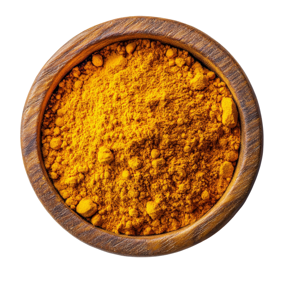 Turmeric powder in a wooden bowl on a transparent background showcasing vibrant color and fine texture, turmeric powder in wood bowl on transparent background png
