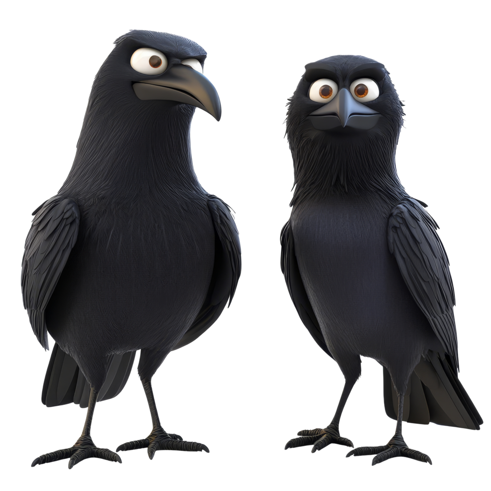 Characters of cartoon ravens standing on a transparent background in a playful pose and expression, 3D Cartoon Raven Characters On transparent background png