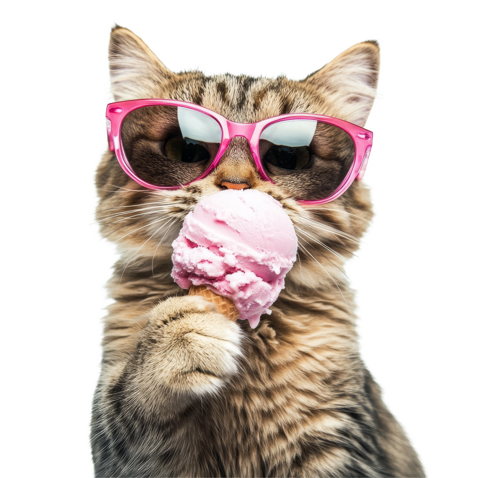 A cute cat wearing pink sunglasses enjoys a delightful ice cream cone with a playful lick on a sunny day, Funny cat wearing sunglasses, licking ice cream, transparent background png