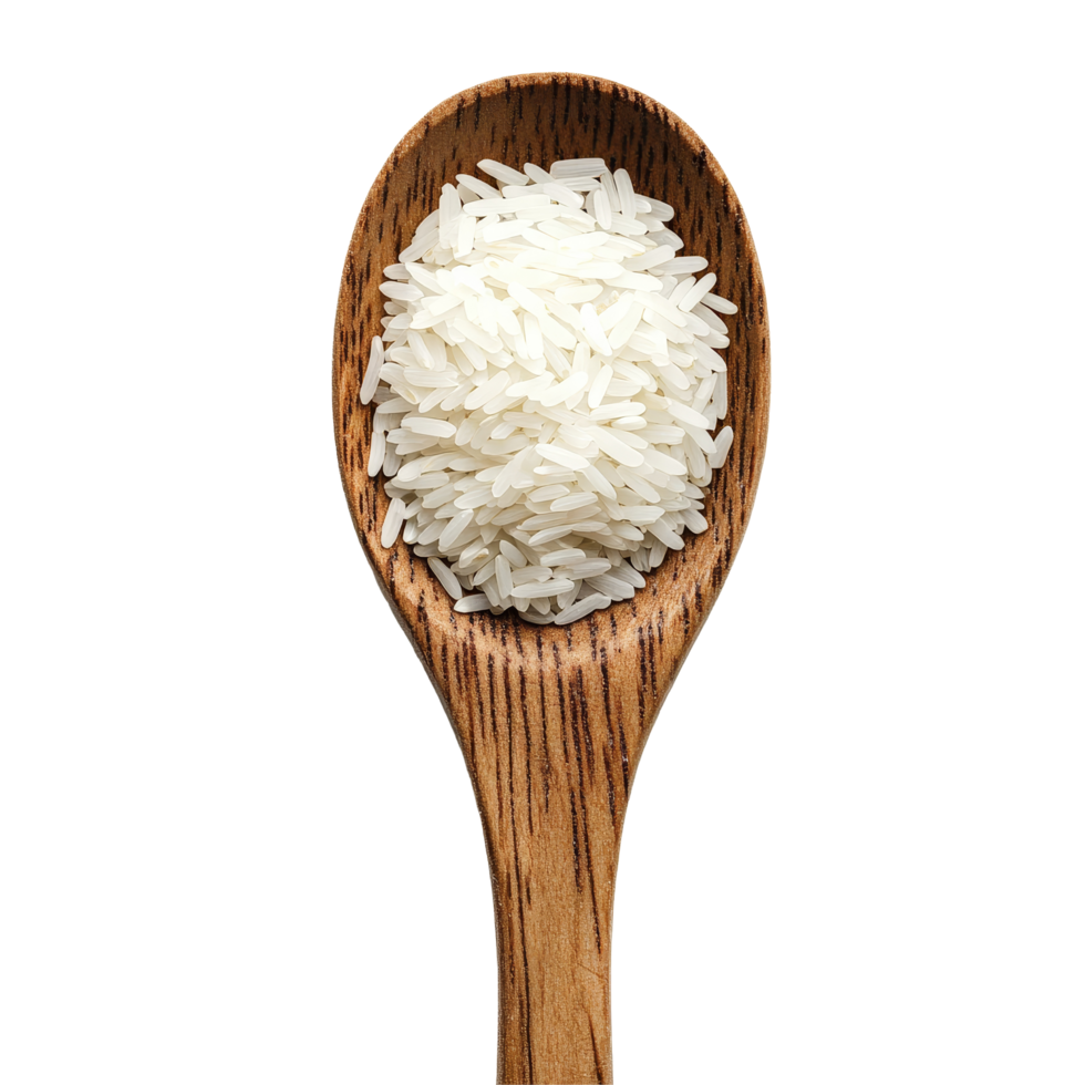 Dry transparent jasmine rice in a wooden spoon against a clean transparent background for culinary inspiration, Dry transparent jasmine rice in wood spoon isolated on transparent background png