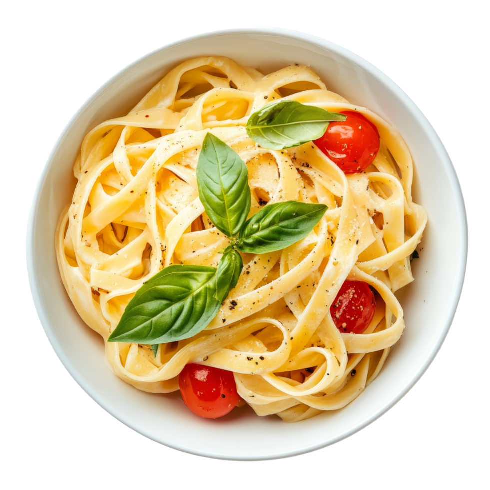 Fresh pasta with basil and cherry tomatoes served in a transparent bowl on a clean transparent background, Pasta in transparent bowl on transparent background png