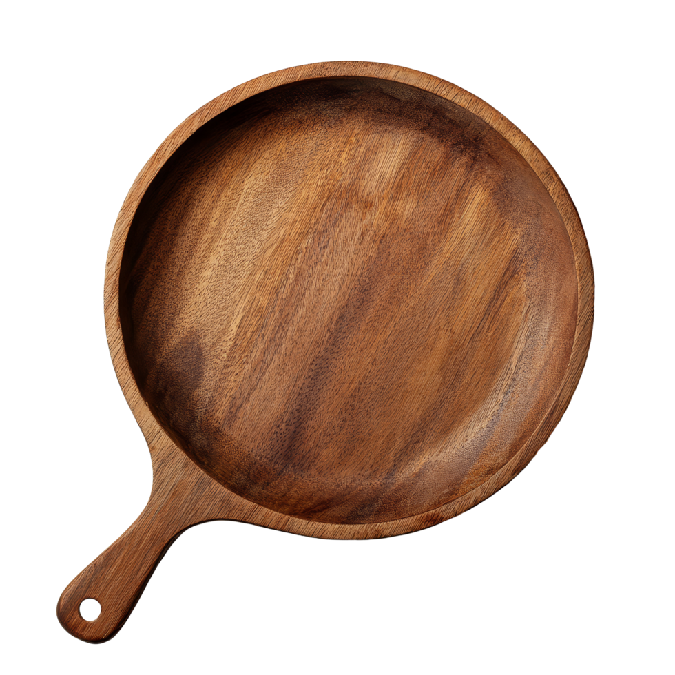 Elegant wooden pan viewed from above on a transparent background, showcasing its smooth surface and natural finish, wood pan, top view, isolated transparent background png