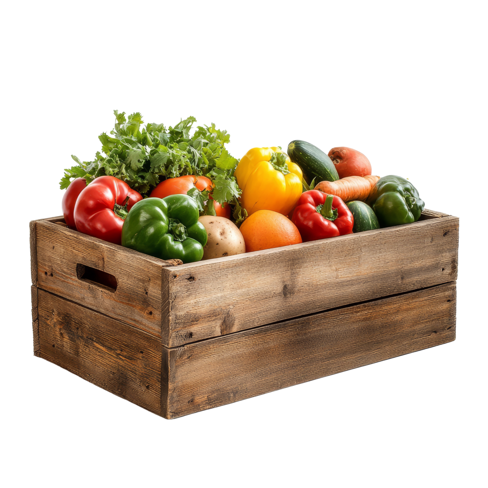 Fresh assortment of colorful vegetables in a rustic wooden box on a clean transparent background, wooden box with vegetables isolated on transparent background png