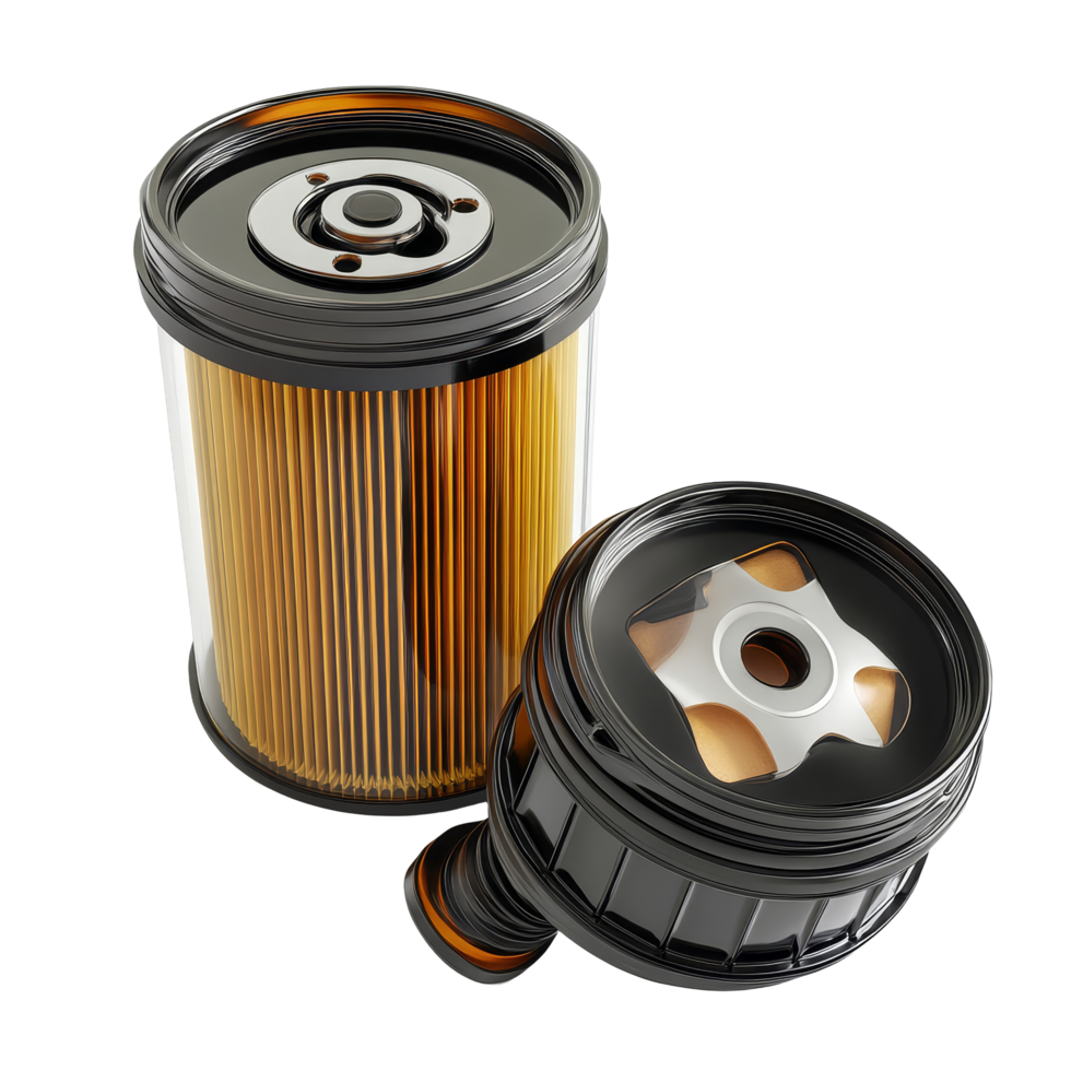 Car oil filters and motor oil can displayed together for automotive maintenance and repair needs, Car oil filters and motor oil plastic can, 3d illustration, 3D render, isolated on transparent background png