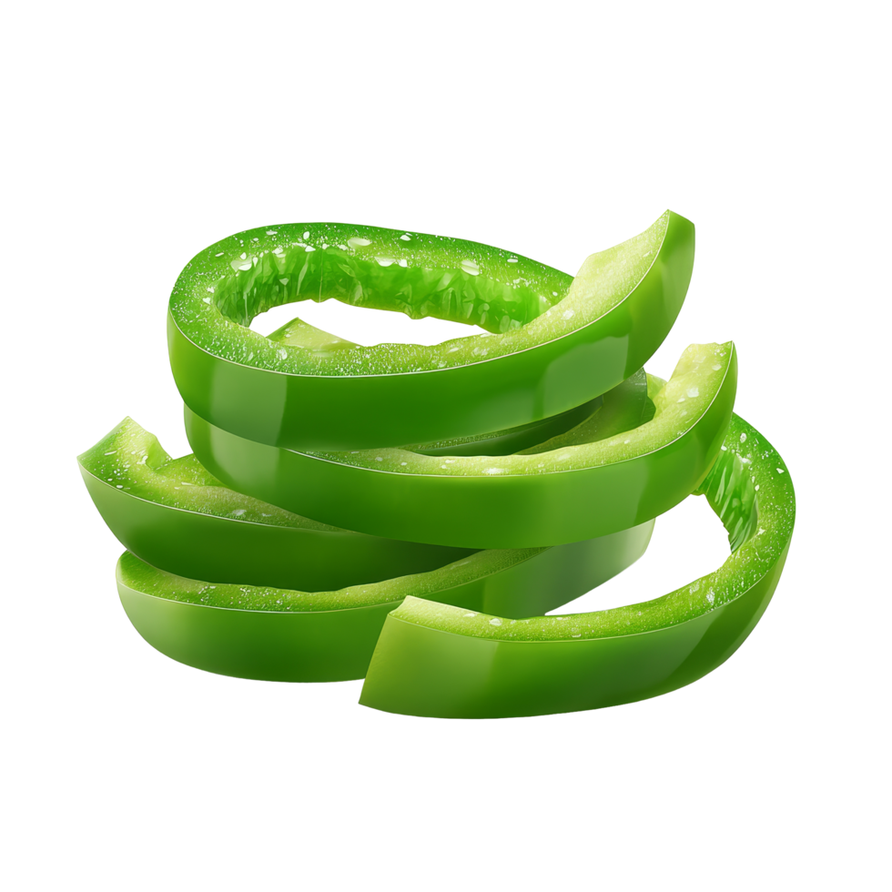 Sliced green bell pepper arranged artistically on a clean transparent background capturing its vibrant color and texture, Sliced green pepper isolated on transparent background png