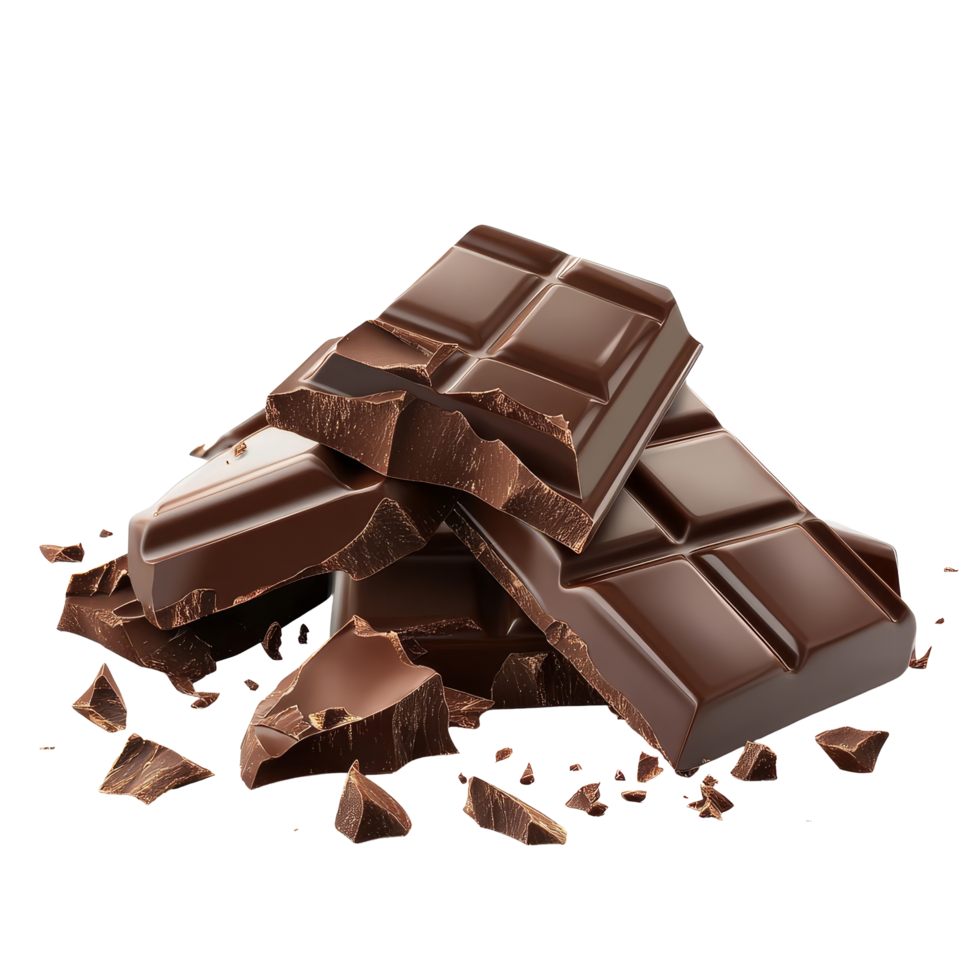 Delicious realistic chocolate bar pieces scattered on a transparent background, highlighting texture and rich flavor, Realistic chocolate bar pieces on transparent background. Chocolate transparent background png