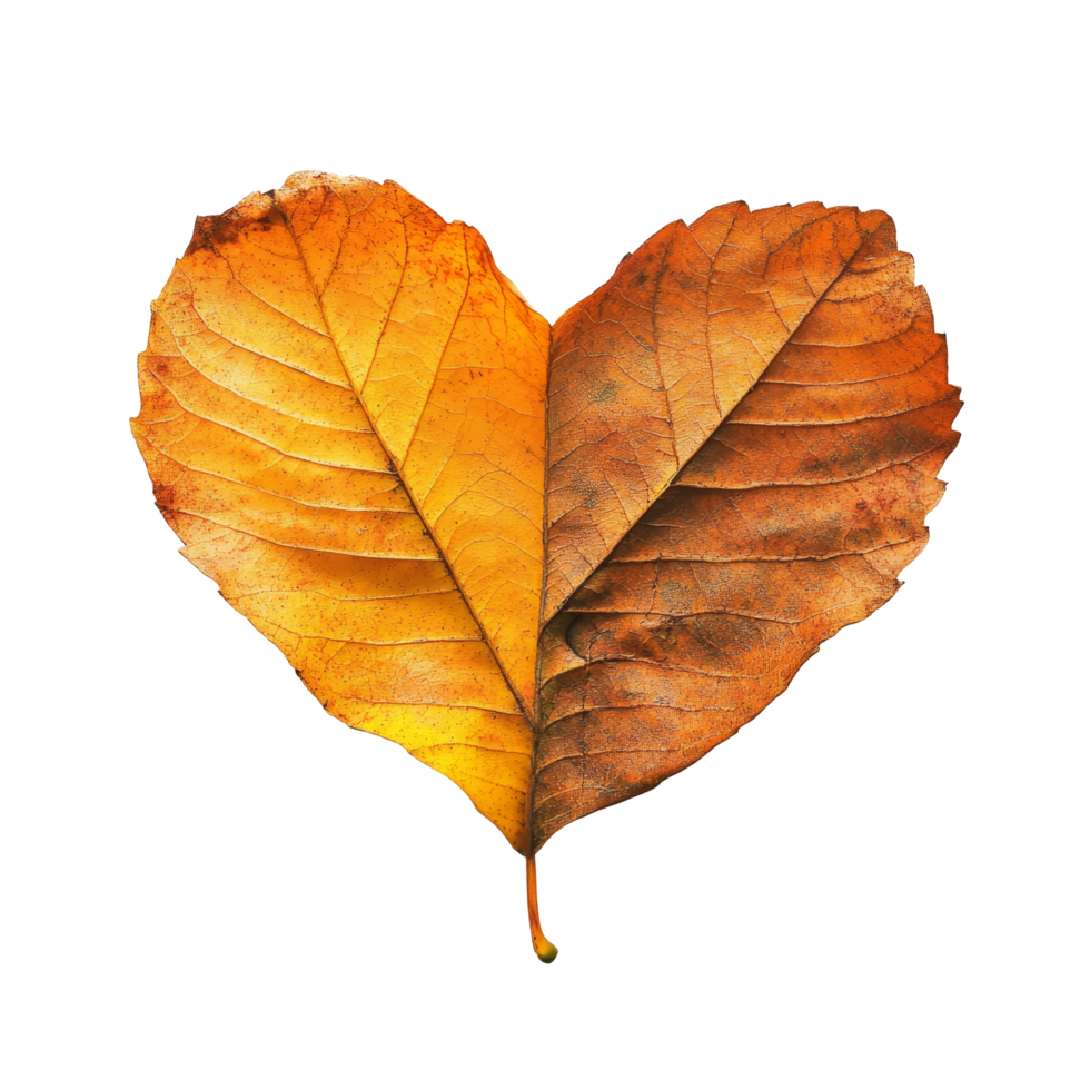 Heart-shaped autumn leaves create a vibrant contrast on a transparent background, Autumn leaf heart shape on transparent background png