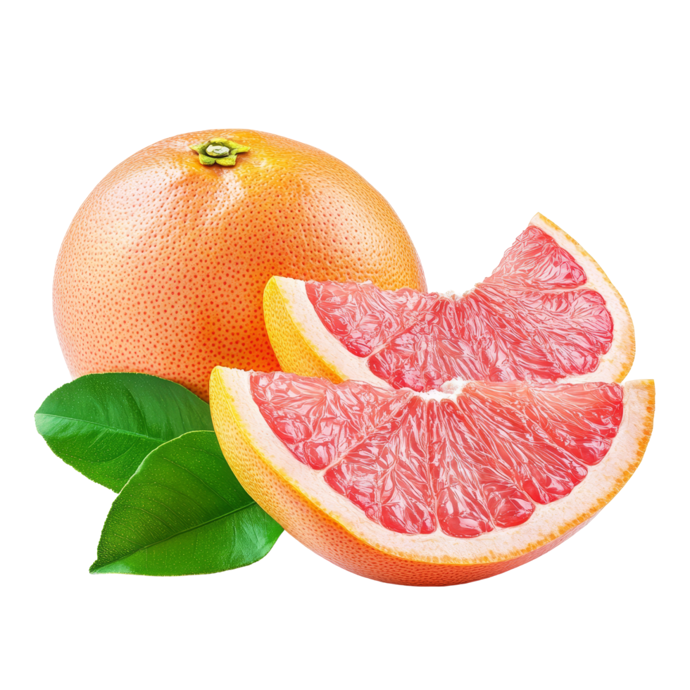 Juicy pink grapefruit with vibrant slices and leaves isolated on a transparent background, pink grapefruit citrus fruit isolated on transparent background png