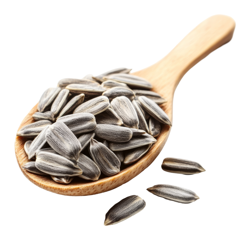 Sunflower seeds in a wooden spoon resting on a transparent background for healthy snacking ideas, sunflower seeds in wood spoon isolated on transparent background png