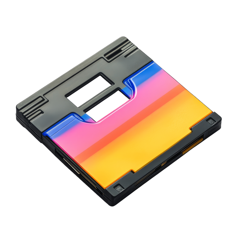 A detailed view of a colorful floppy disk resting on a transparent surface, showcasing retro technology from the past, Floppy disk magnetic on a transparent background floor isolated on transparent background png