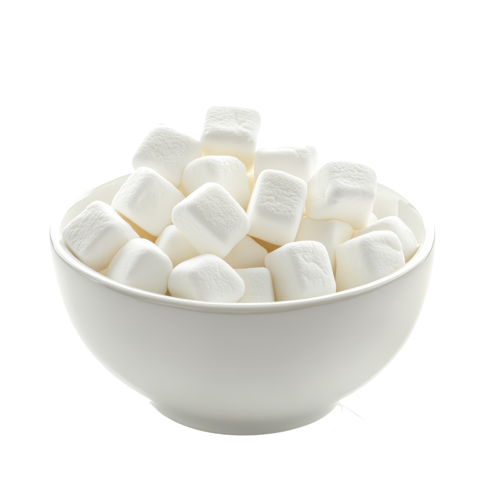 A generous bowl of fluffy transparent marshmallows sitting on a pristine transparent surface ready for snacking or dessert, transparent marshmallows in transparent bowl isolated on transparent background png