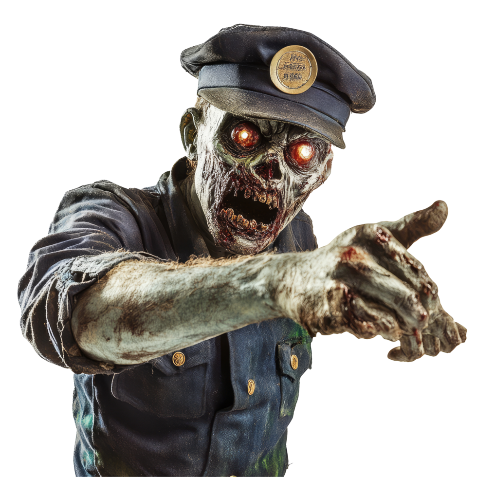 A terrifying zombie postman reaching out with glowing eyes against a stark transparent background, Scary postman zombie on transparent background png