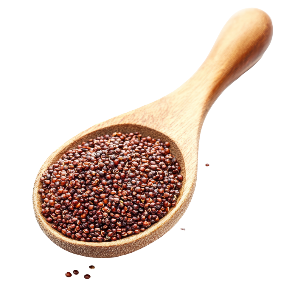 Red quinoa in a wooden spoon isolated against a transparent background showcasing its vibrant color and texture, red quinoa in wood spoon isolated on transparent background png