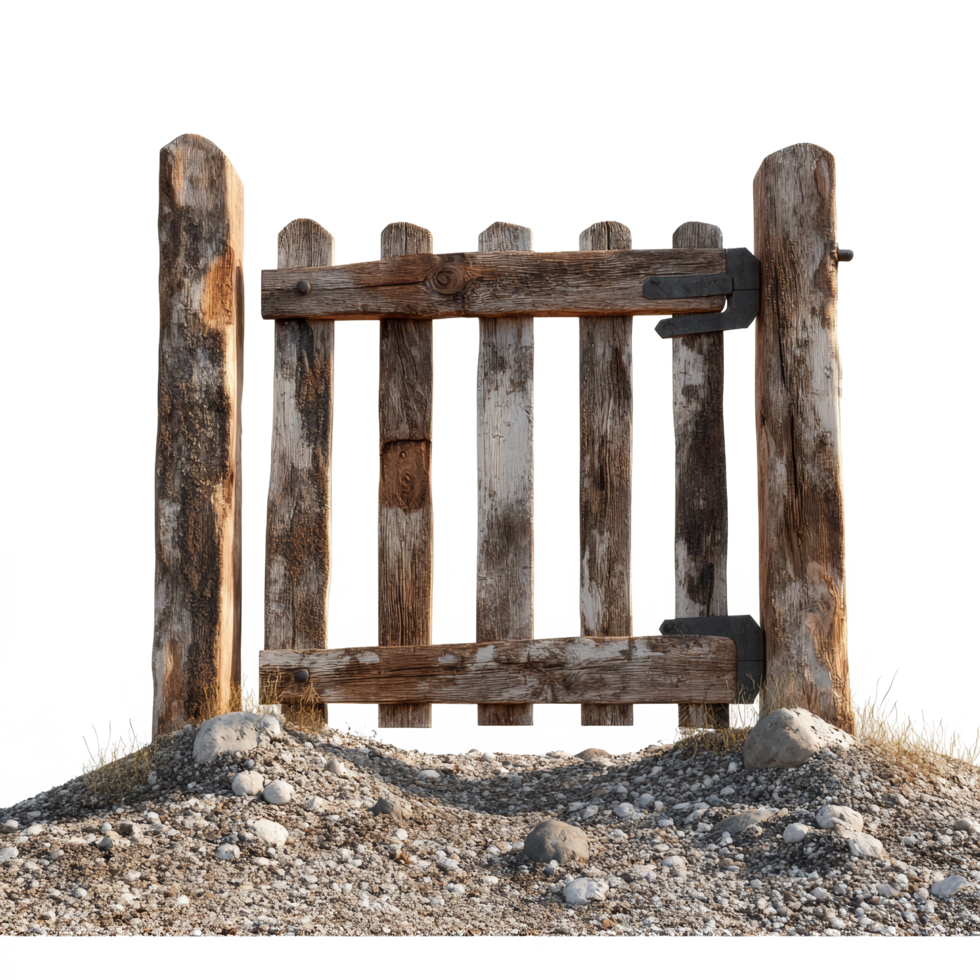 A rustic soil gate made from weathered wood against a bright transparent background, Beautiful soil gate on a transparent background png