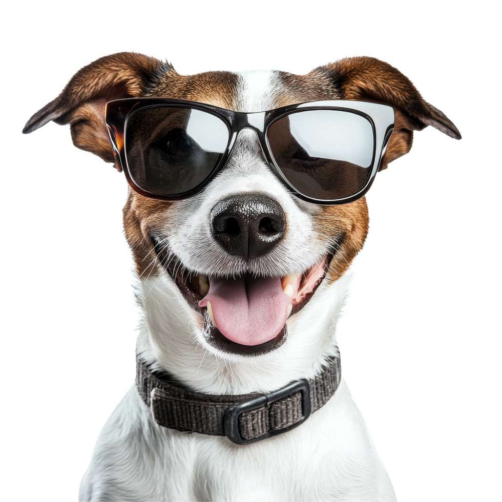 Happy dog wearing stylish sunglasses against a transparent background enjoying a cheerful moment, Happy dog wearing sunglasses transparent background png