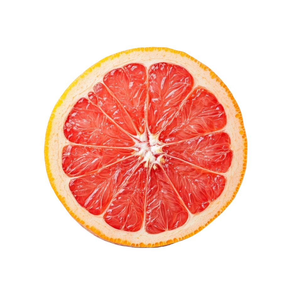 Half a fresh grapefruit with vibrant red flesh on a clean transparent background, showcasing its juicy texture and color, half grapefruit on transparent background png