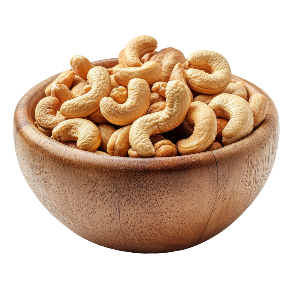 Roasted salted cashew nuts served in a wooden bowl for a healthy snack or appetizer option, Roasted cashew nuts with salted in wood bowl isolated on transparent background png