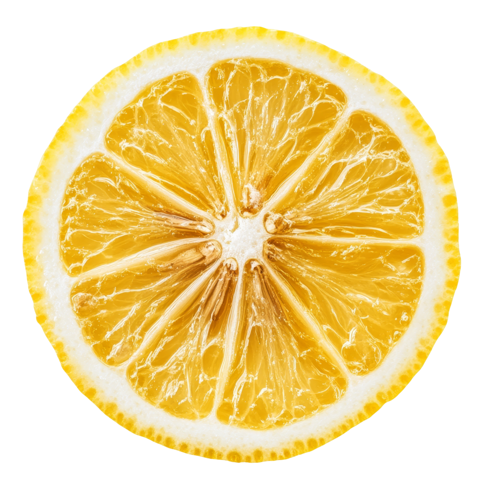 Fresh lemon slice on a clean transparent background showcasing its juicy texture and vibrant color for culinary inspiration, slice of lemon citrus fruit isolated on transparent background png