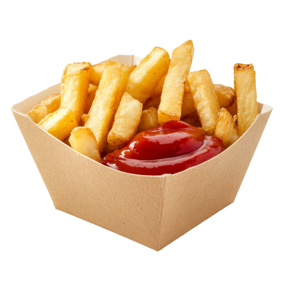 A serving of crispy French fries with savory ketchup, ideal for a quick snack or side dish any time of day, Portion of french potato fries with ketchup png