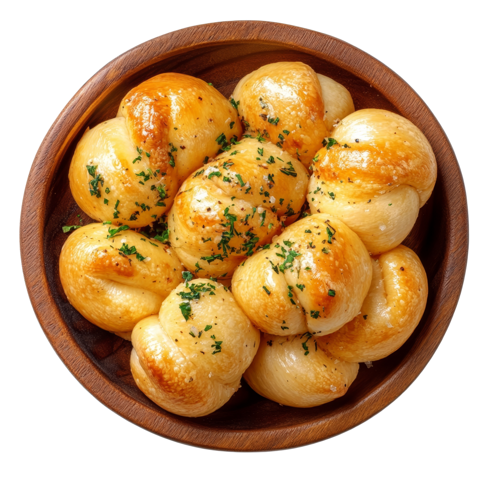 Delicious garlic knots served on a rustic wooden plate, perfect for sharing with friends or family, Garlic knots on wooden plate, top view, isolated transparent background png