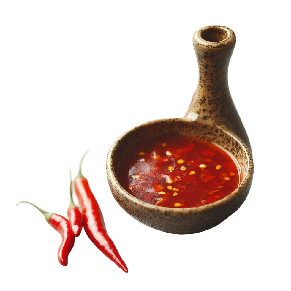 Red chili peppers served with a vibrant hot sauce in a rustic bowl, perfect for enhancing dishes at any meal, Red chili pepper with hot sauce png