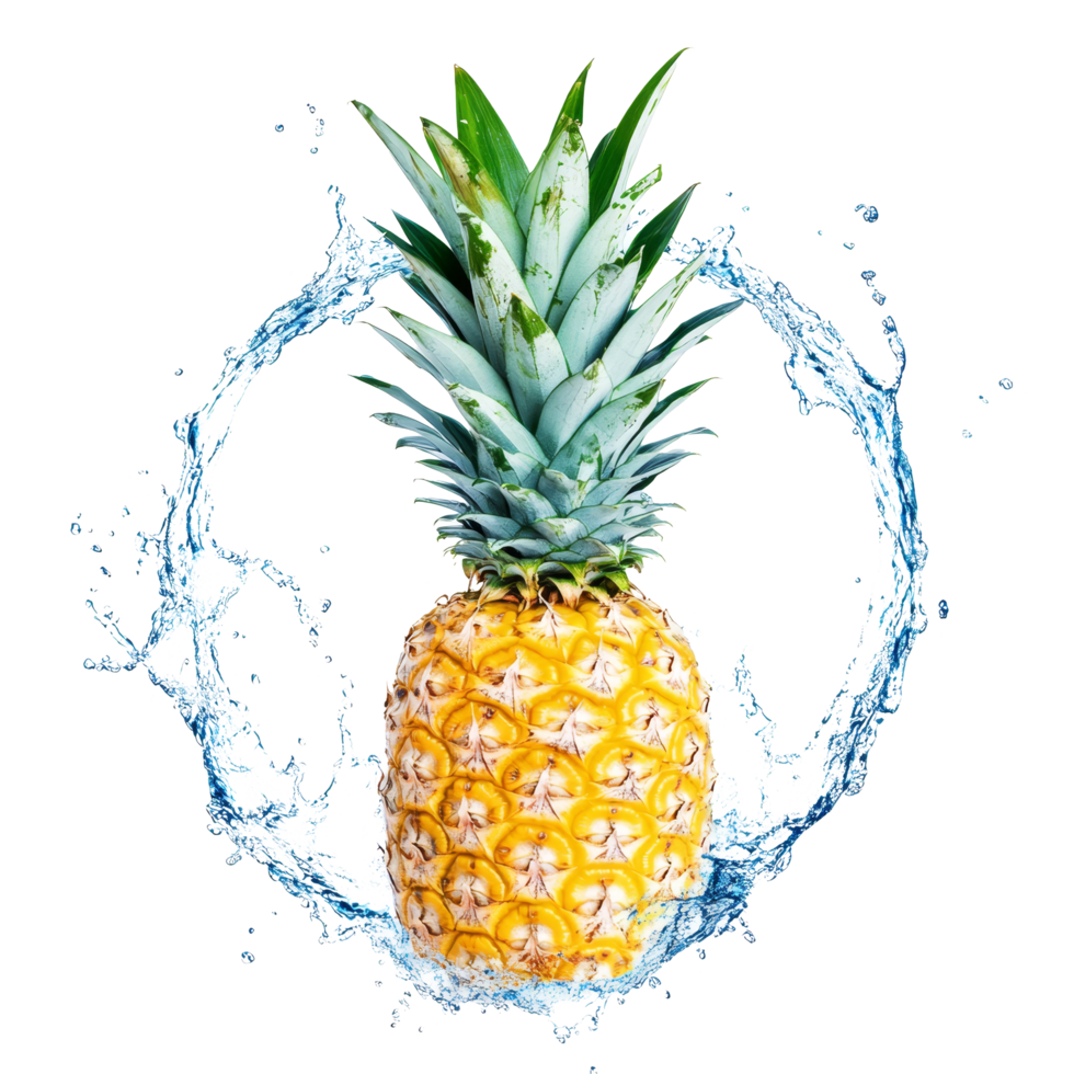 A fresh pineapple surrounded by a dynamic water splash in circular formation against a clean background, Pineapple with water splash in circle shape isolated png
