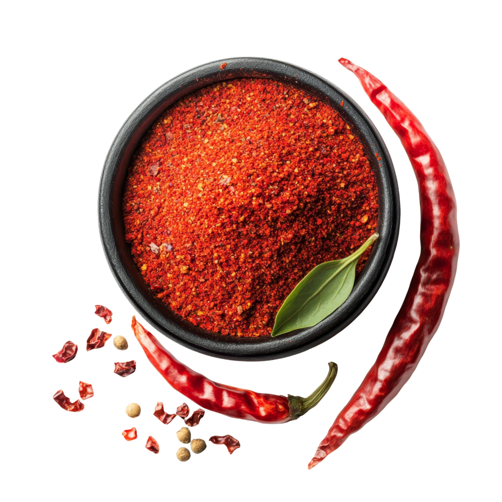 Chili pepper powder in a black bowl with dried chilis and spices on a bright transparent background, Chili and pepper powder isolated on transparent background png