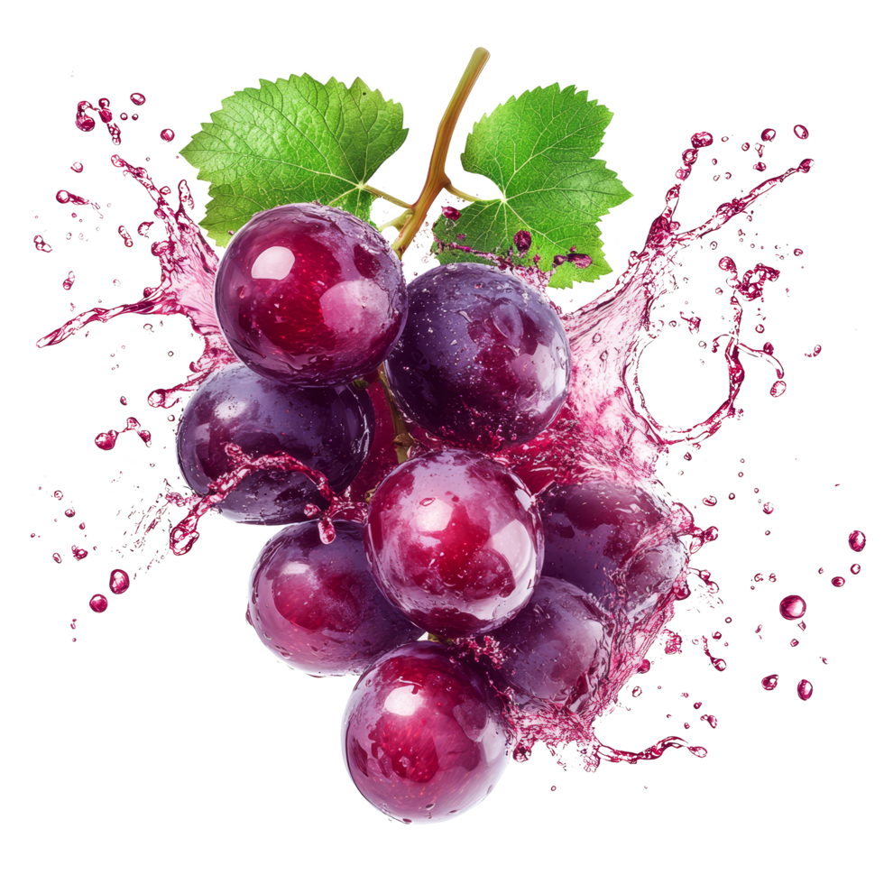 Fresh organic grapes splashing juice on a clean transparent background, perfect for healthy eating and refreshing, Fresh organic grape with juice splash on transparent background. grape splash transparent background png