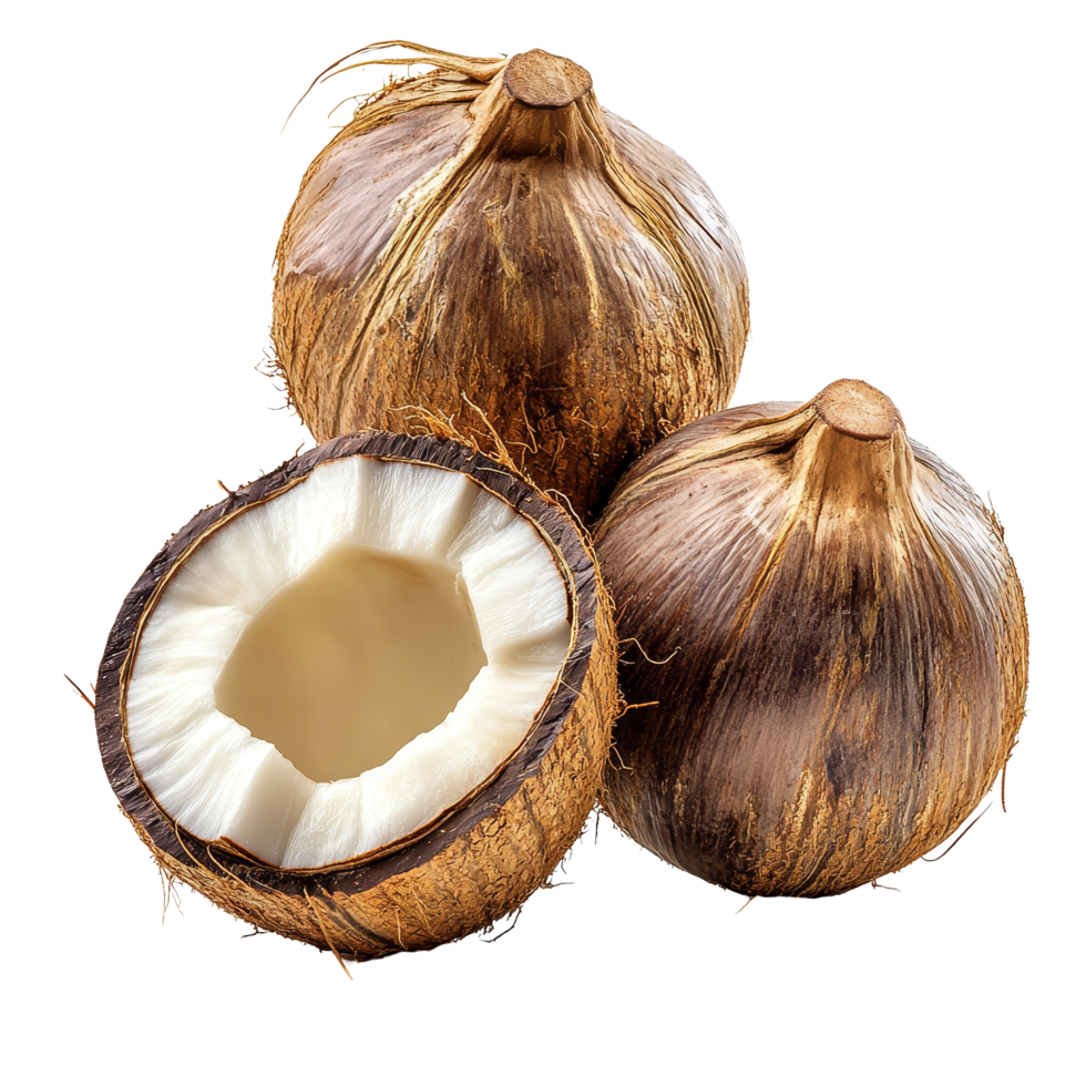 Young coconuts in their husks isolated on a transparent background showcasing fresh, natural produce, young coconut nuts isolated on transparent background png