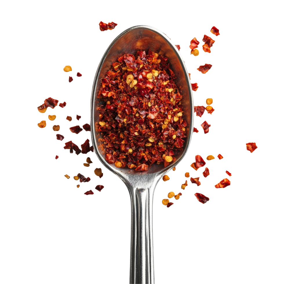 Crushed red chili pepper in a spoon atop a clean transparent background enhances culinary creativity and flavor exploration, Crushed red chili pepper in spoon on transparent background png