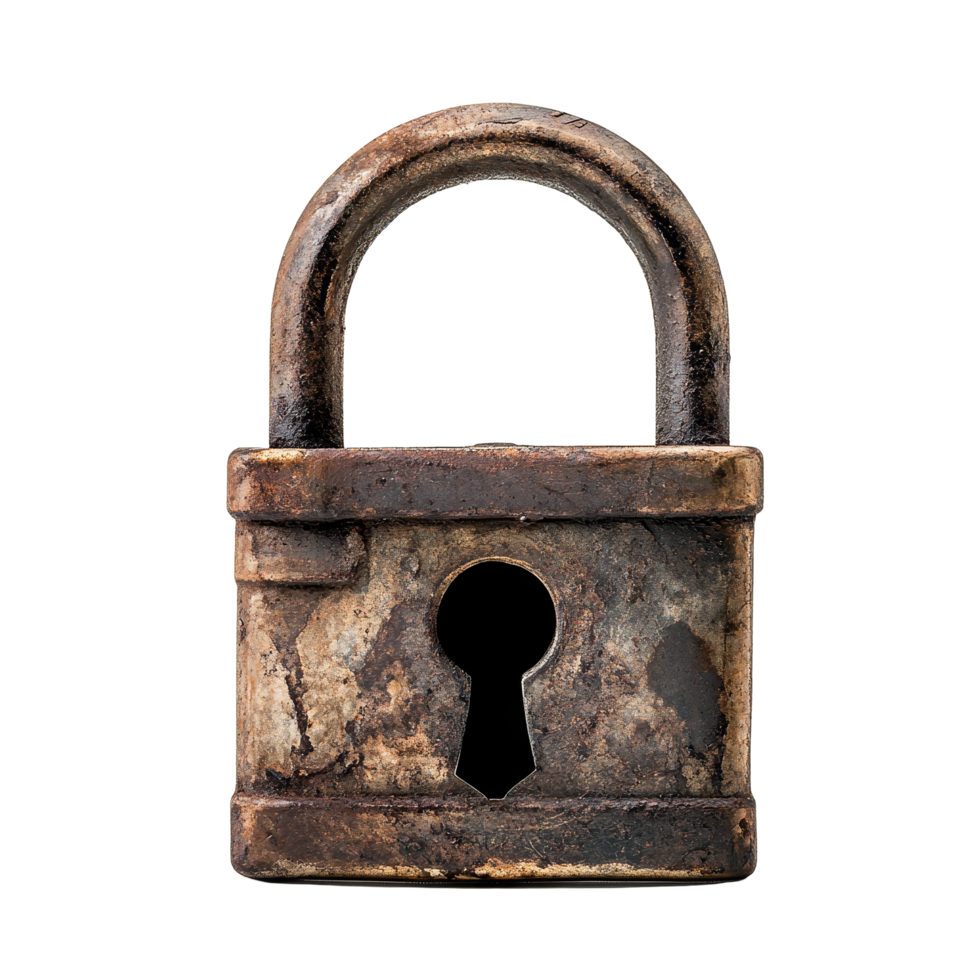 Rusty padlock with keyhole isolated on a transparent background for security and protection, Lock with key isolated png