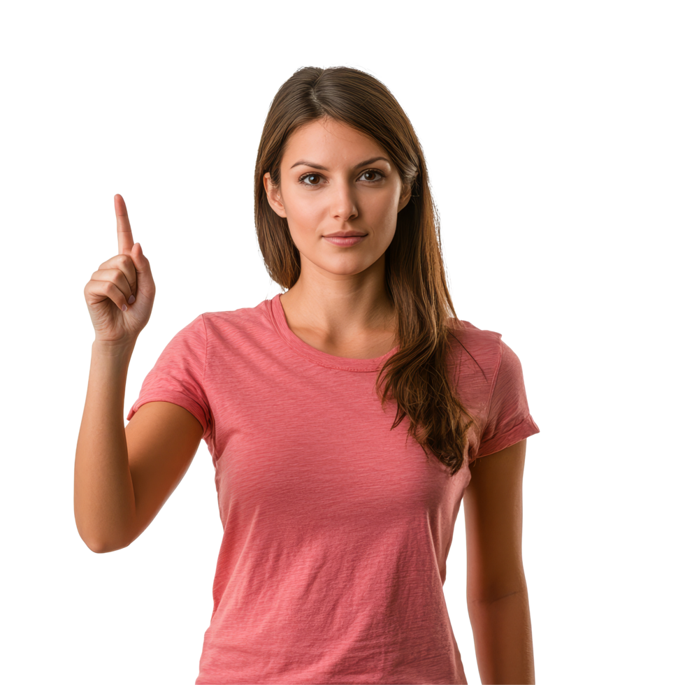 Woman standing with a raised finger, expressing an idea, isolated against a transparent background, woman pointing at something with her fingerisolated on transparent background png