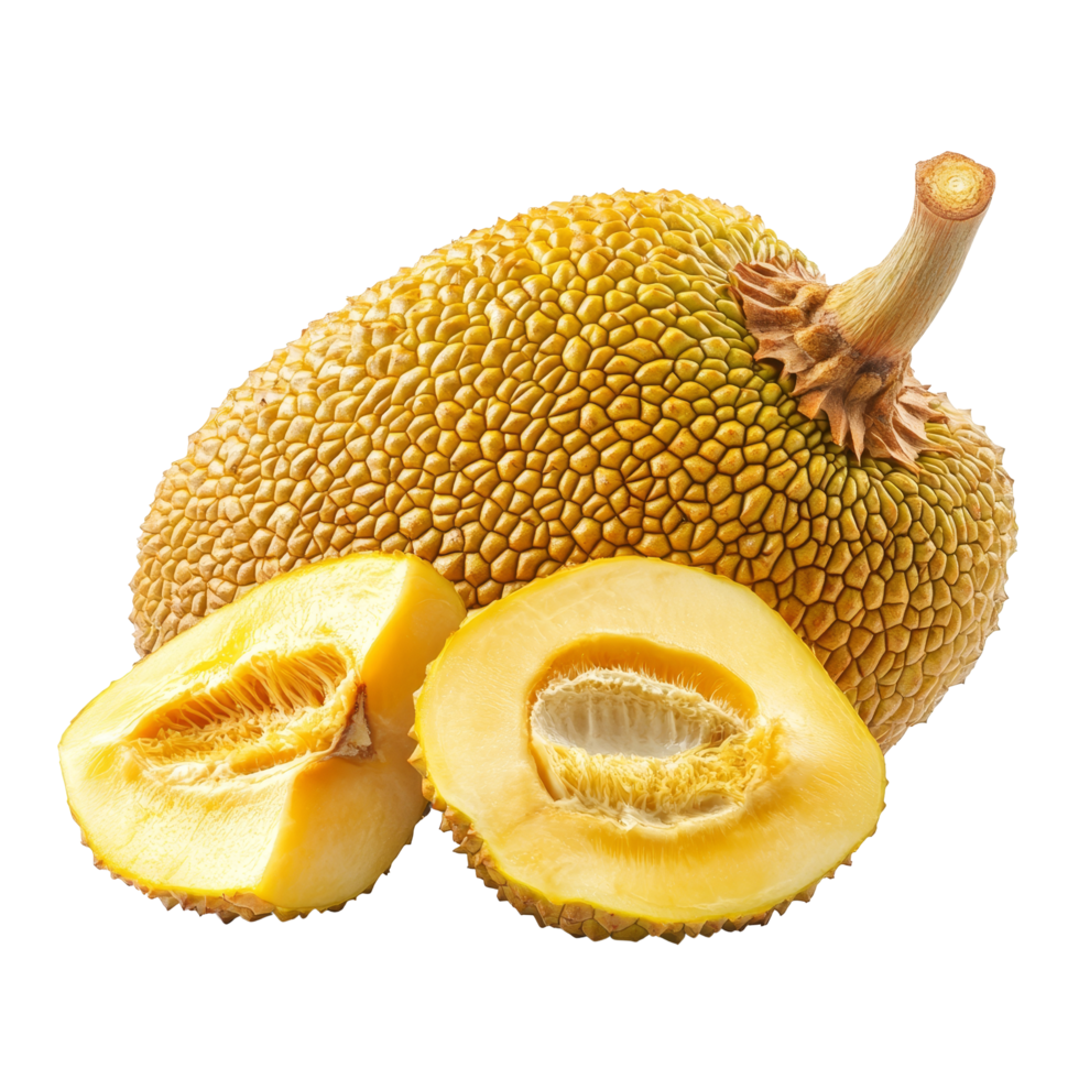 Fresh and ripe jackfruit with sliced segment on a transparent background showcasing unique texture and color, Ripe Jackfruit isolated in transparent background png