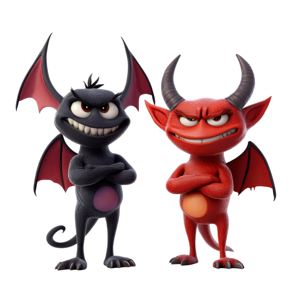 Cartoon devil characters with mischievous expressions standing confidently on a transparent background, 3D Cartoon Devil Characters on transparent background png