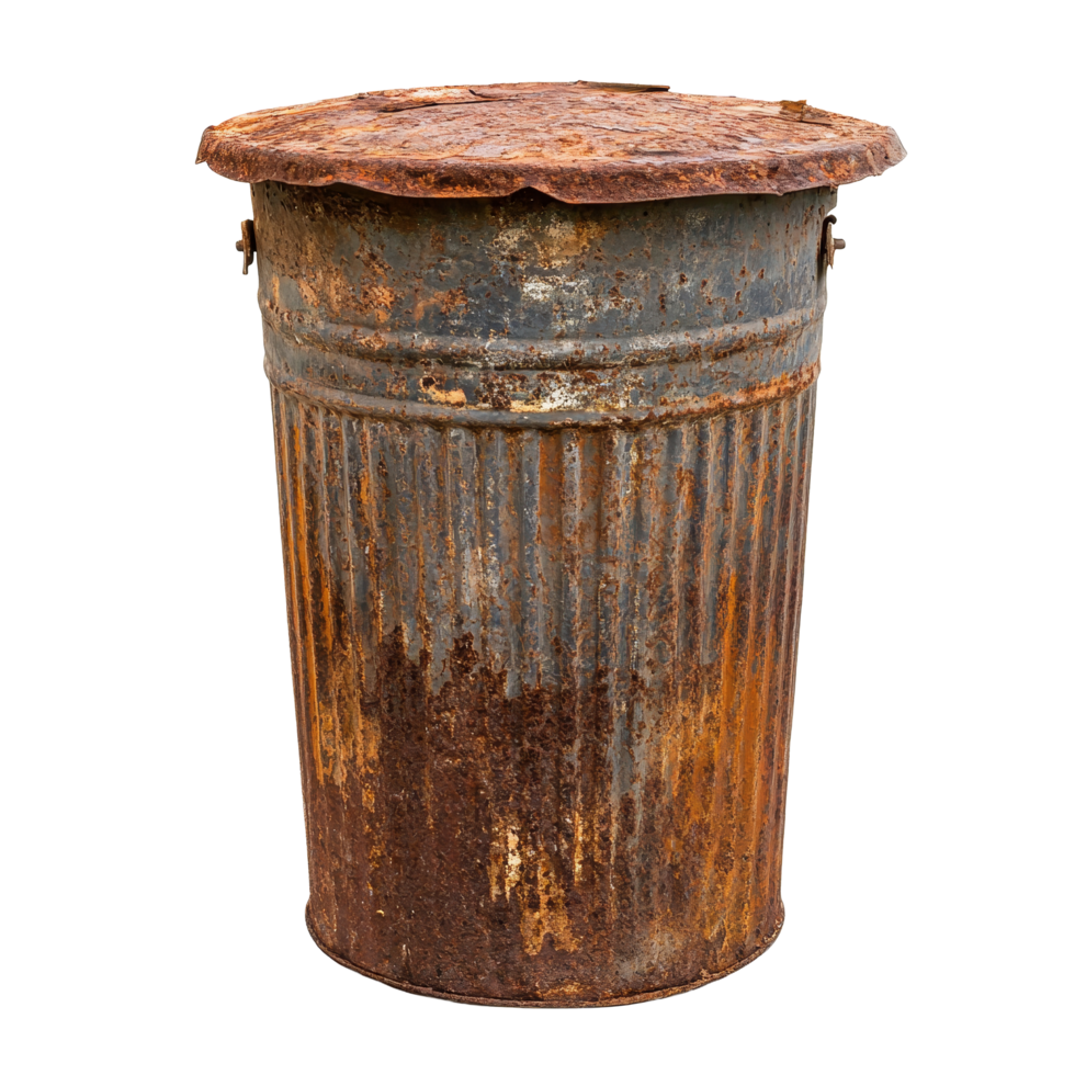 Old rusty metal trash can isolated on a transparent background, showcasing its weathered texture and charming imperfections, old rusty metal trash can isolated on transparent background png