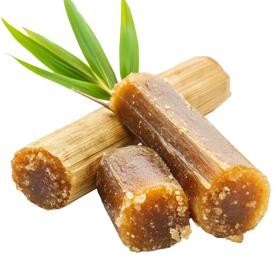 Natural sugarcane molasses and jaggery on a transparent background showcasing traditional sweetener alternatives, Sugarcane Hard Molasses or Jaggery on transparent background png